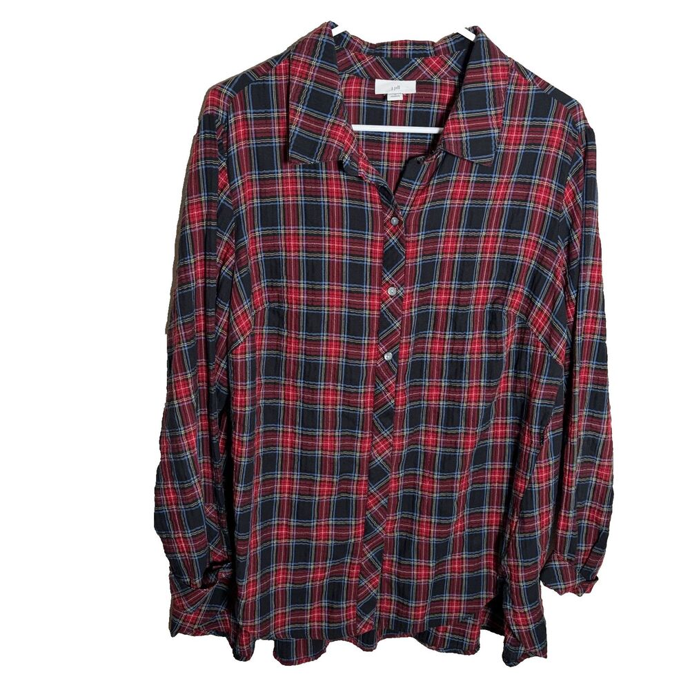 J Jill Shirt Women's 1X Plaid Button Up Collared Long Sleeve Red Colorful Top